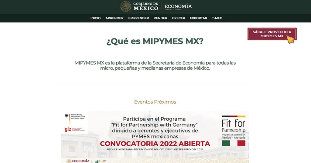 Captura de pantalla de sitio web de Mipymes Mx