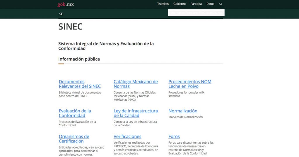 Captura de pantalla de sitio web SINEC