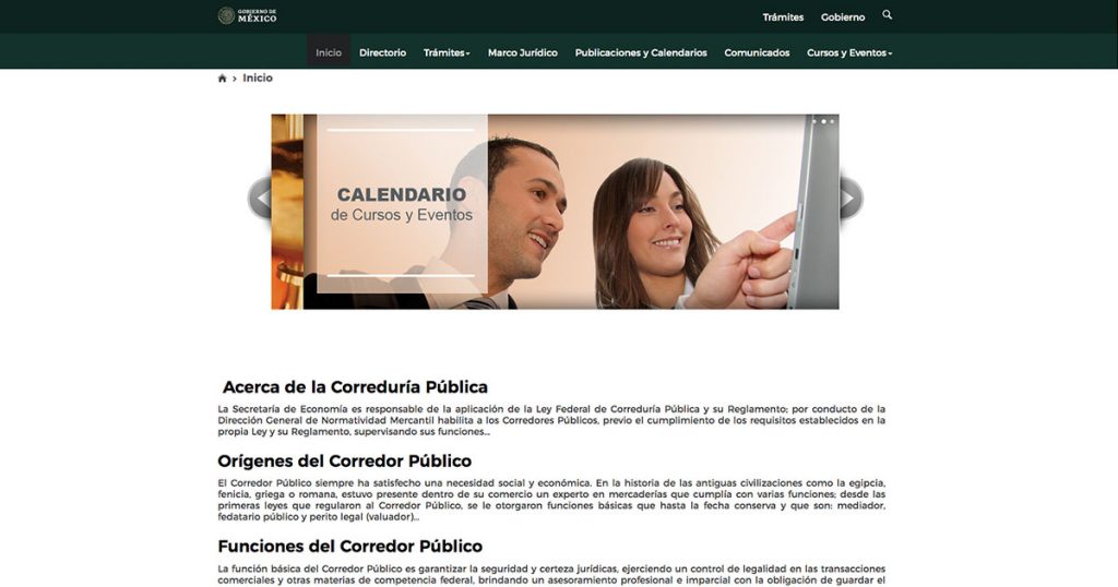 Captura de pantalla de sitio web de Correduría Pública