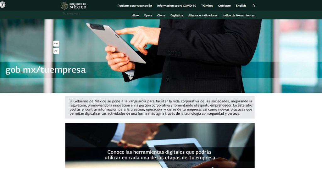 Captura de pantalla de sitio web de Empresas