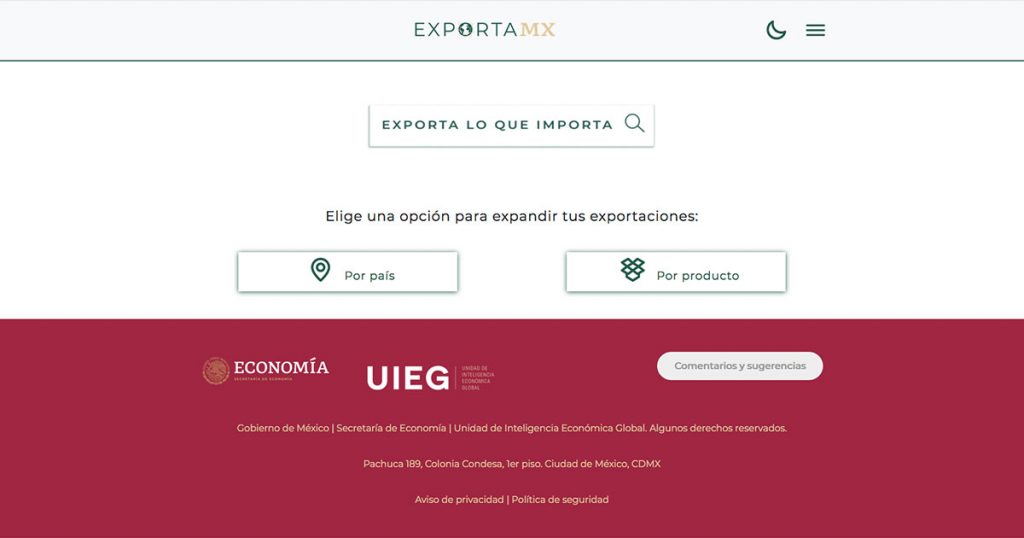 Captura de pantalla de sitio web de ExportaMX