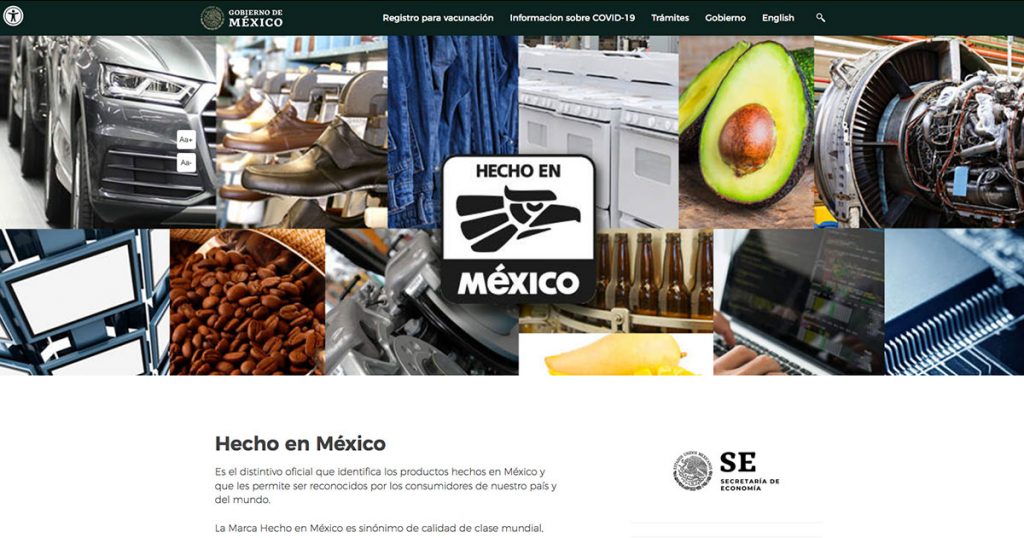 Captura de pantalla de sitio web de Hecho en México