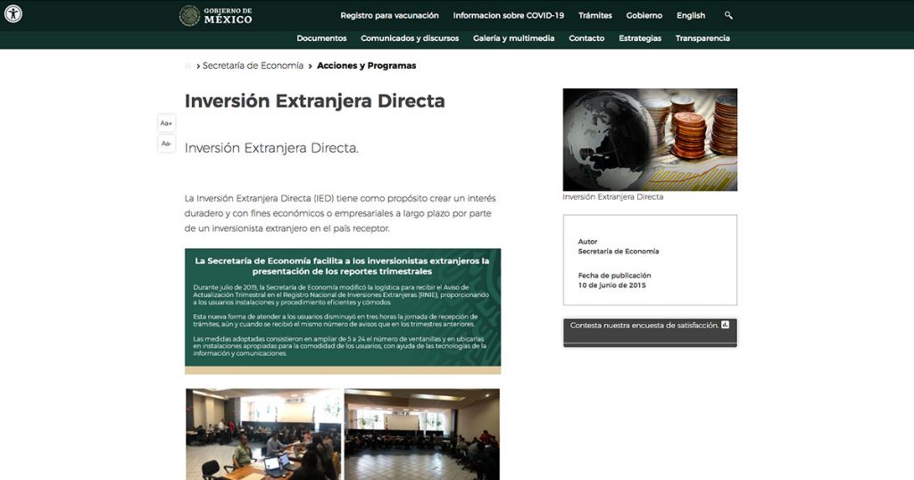 Captura de pantalla de sitio web de Inversión Extranjera