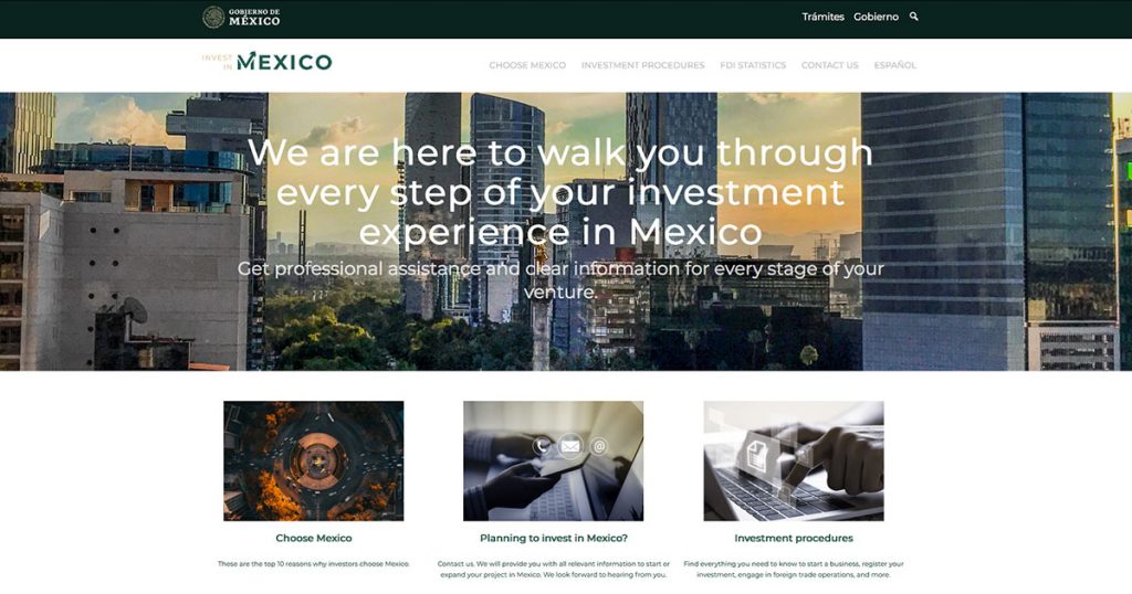Captura de pantalla de sitio web de Invest in Mexico