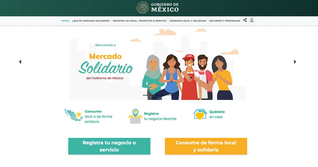 Captura de pantalla de sitio web de Mercado Solidario