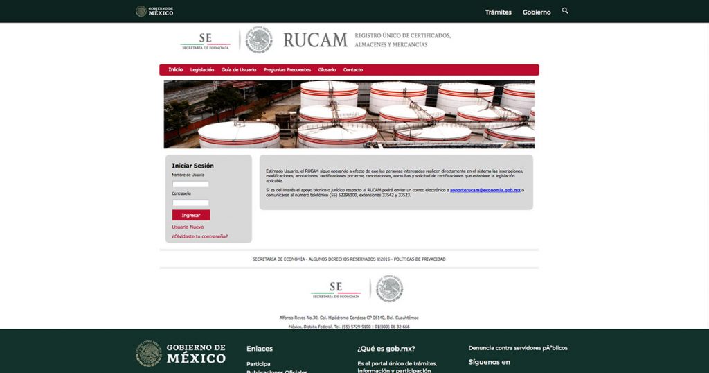 Captura de pantalla de sitio web de RUCAM