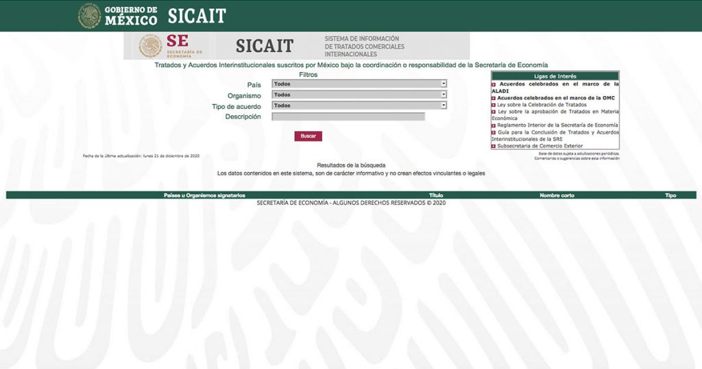 Captura de pantalla de sitio web de SICAIT