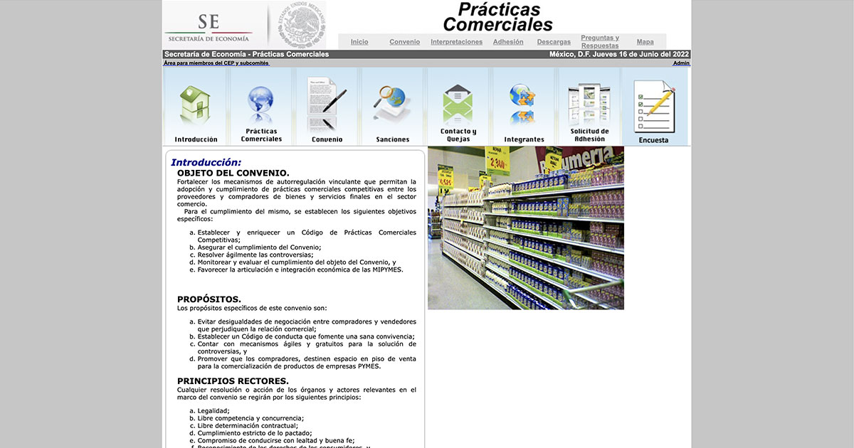 Captura de pantalla del sitio de Prácticas Comerciales de la SE